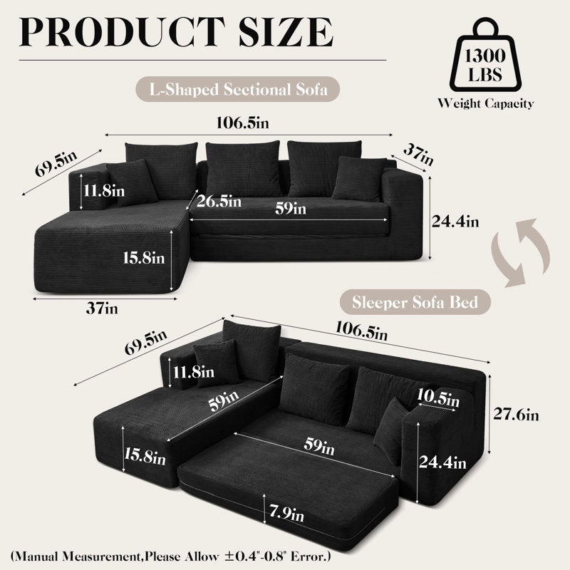 Haven 106" Sleeper Sofa - Corduroy L-Shaped Sectional Pull Out Bed