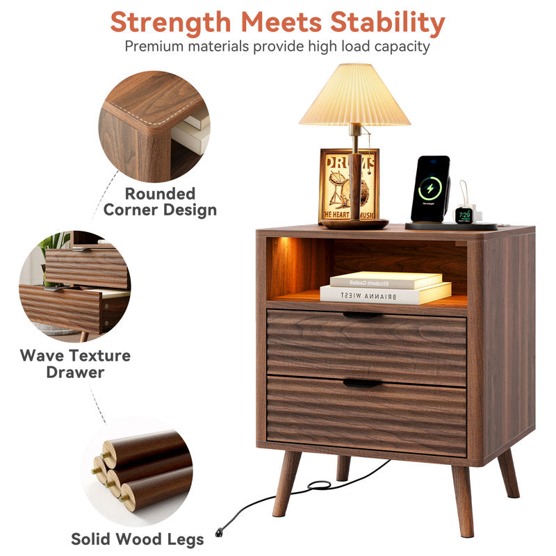 Aura Wave - LED Nightstand with Charging Station & 2 Drawers