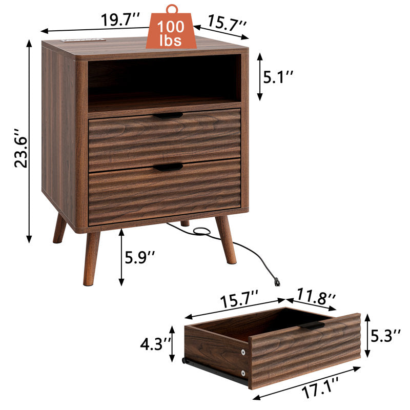 Aura Wave - LED Nightstand with Charging Station & 2 Drawers