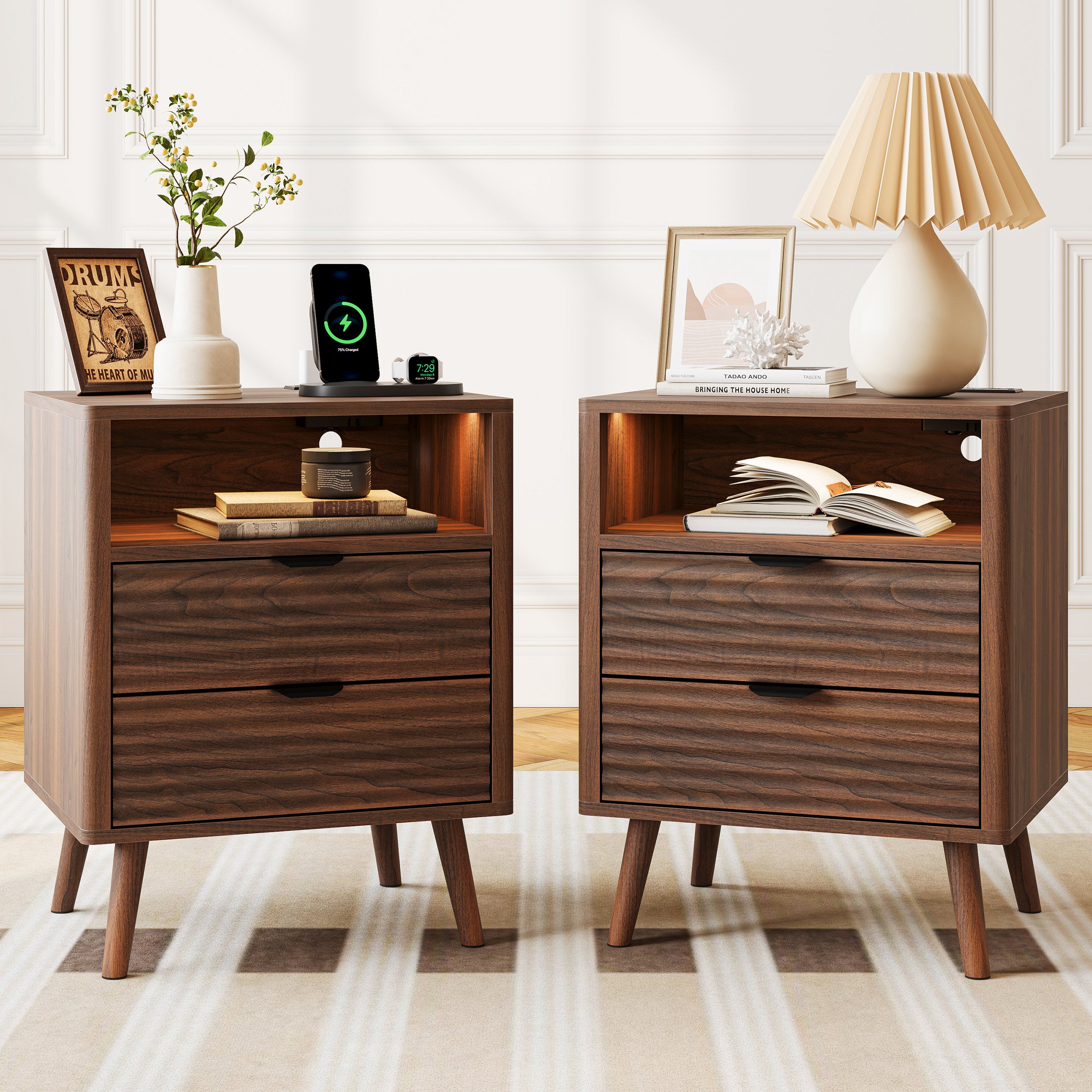 Aura Wave - LED Nightstand with Charging Station & 2 Drawers