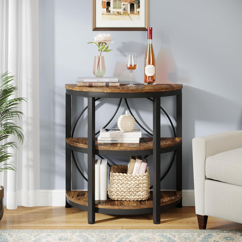 Luna - Industrial Half Moon End Table Wood & Metal for Living Room