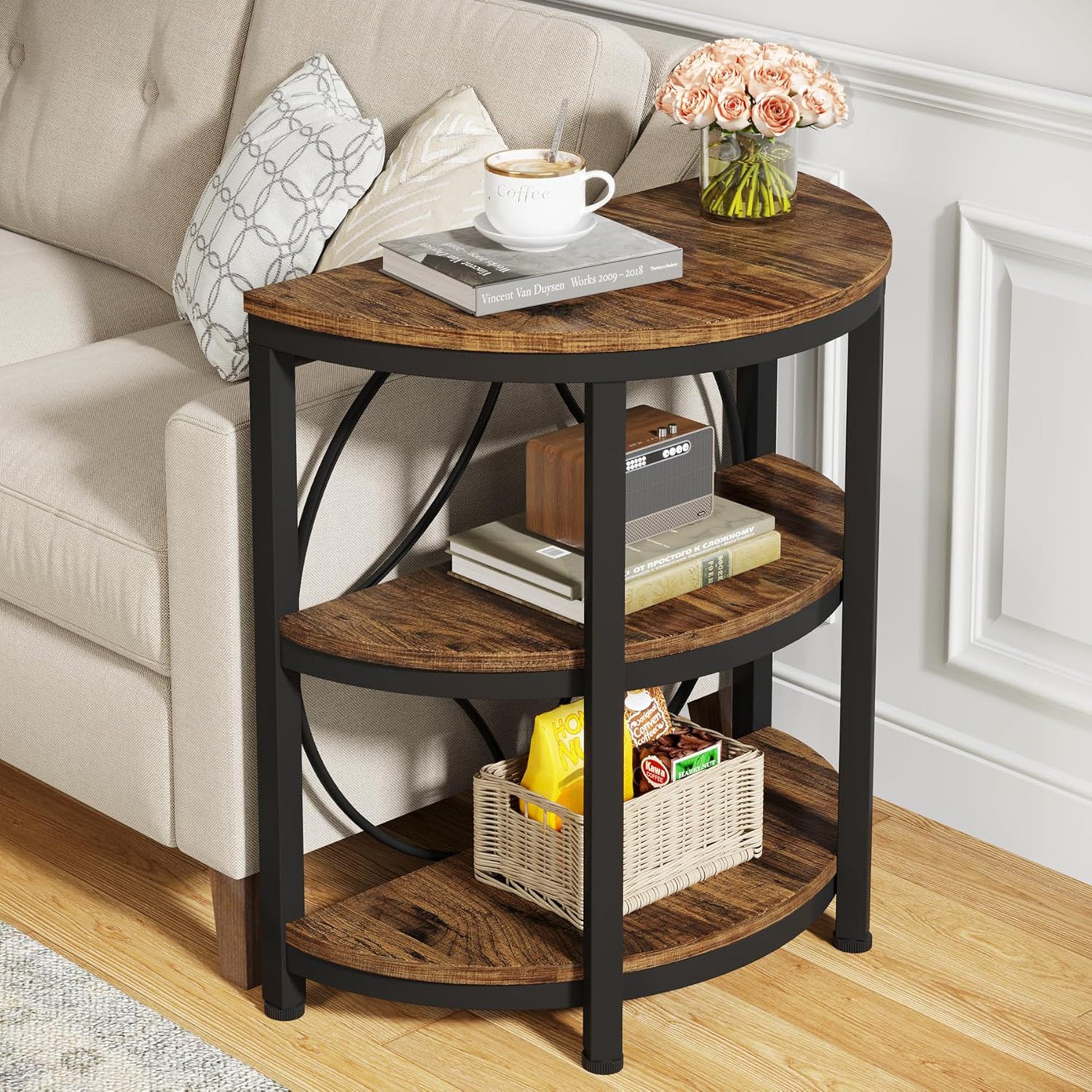Luna - Industrial Half Moon End Table Wood & Metal for Living Room