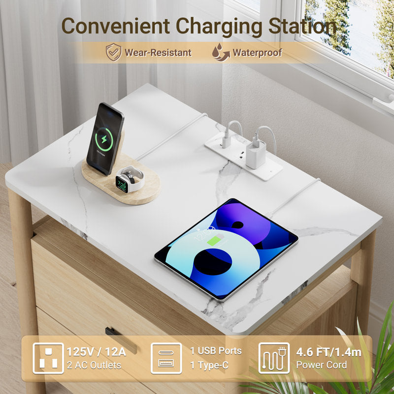 Aurelia - 24" Charging Nightstand Mid-Century Oak Bedside Table