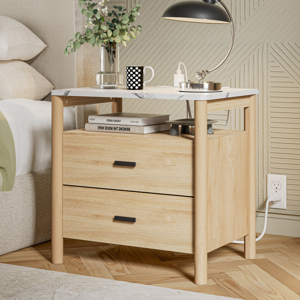 Aurelia - 24" Charging Nightstand Mid-Century Oak Bedside Table