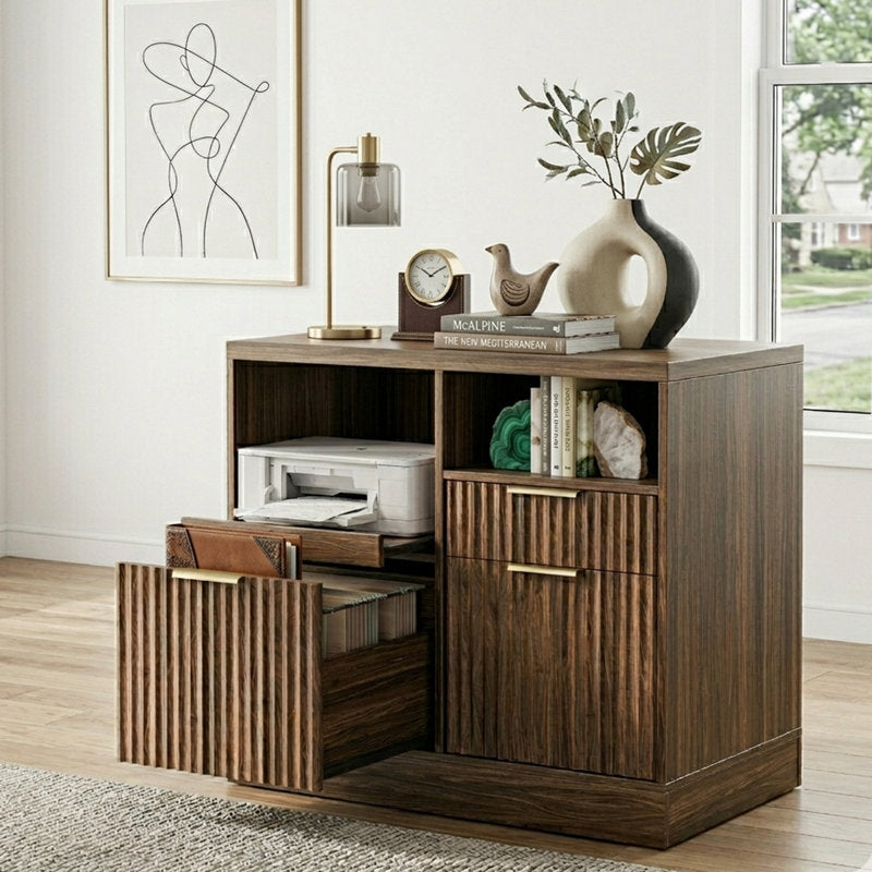 Apex 3-Drawer Lateral Filing Cabinet with Charging Station - Walnut