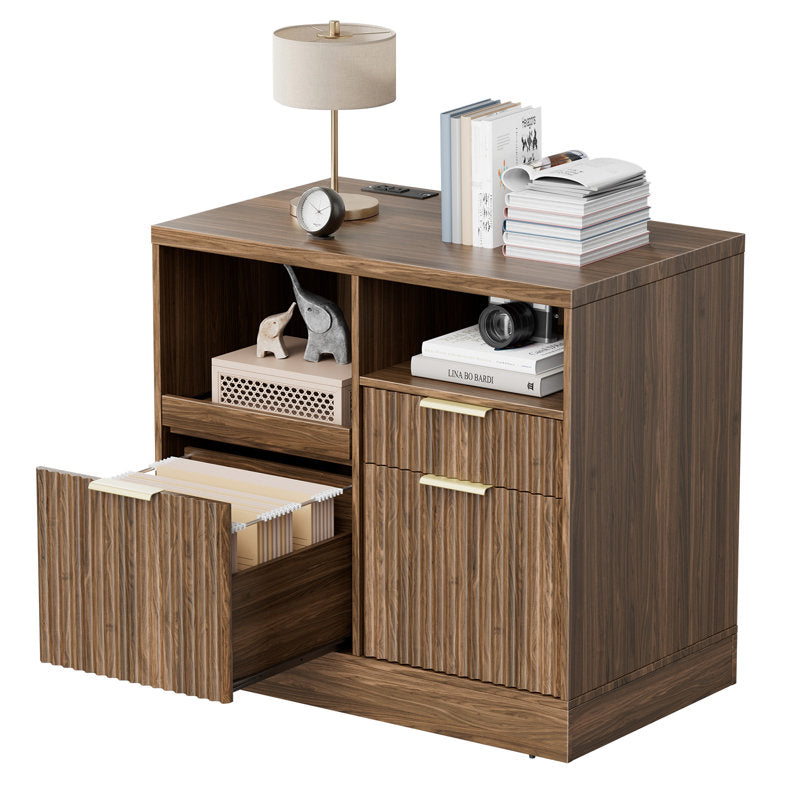 Apex 3-Drawer Lateral Filing Cabinet with Charging Station - Walnut