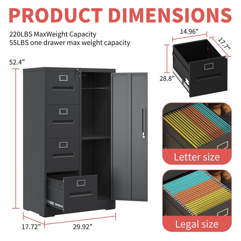Titan - 4-Drawer Metal Vertical Filing Cabinet with Lock for Home Office