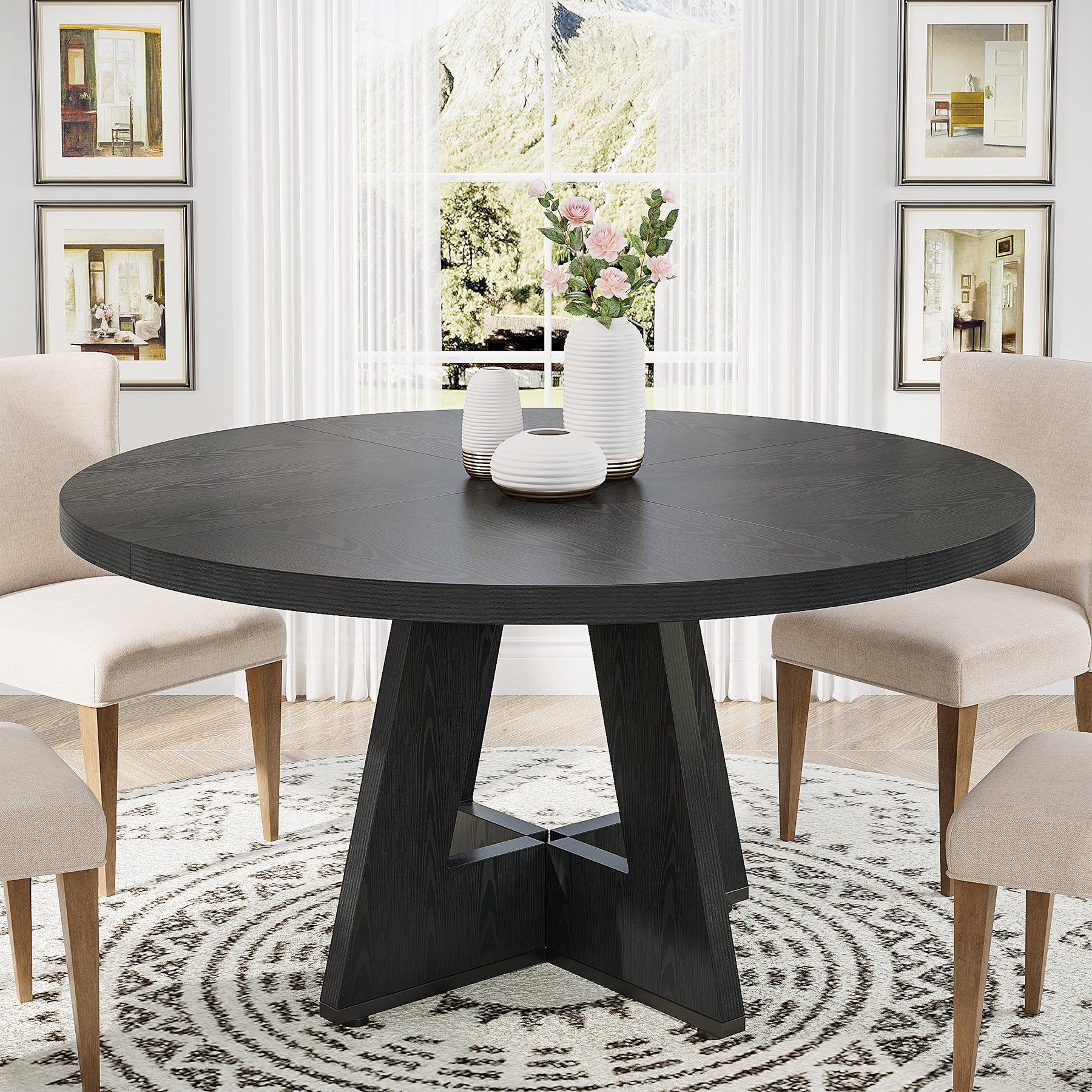 Havenly 47" Round Farmhouse Dining Table - Wood Pedestal Kitchen Table