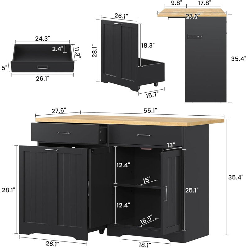 Chef's Haven - 55" Rolling Kitchen Island with Trash Cabinet & Power