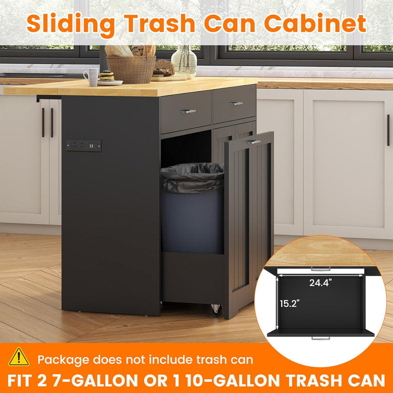 Chef's Haven - 55" Rolling Kitchen Island with Trash Cabinet & Power