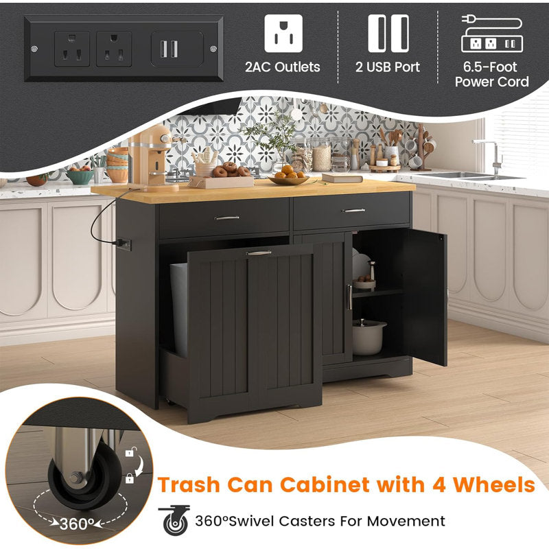 Chef's Haven - 55" Rolling Kitchen Island with Trash Cabinet & Power