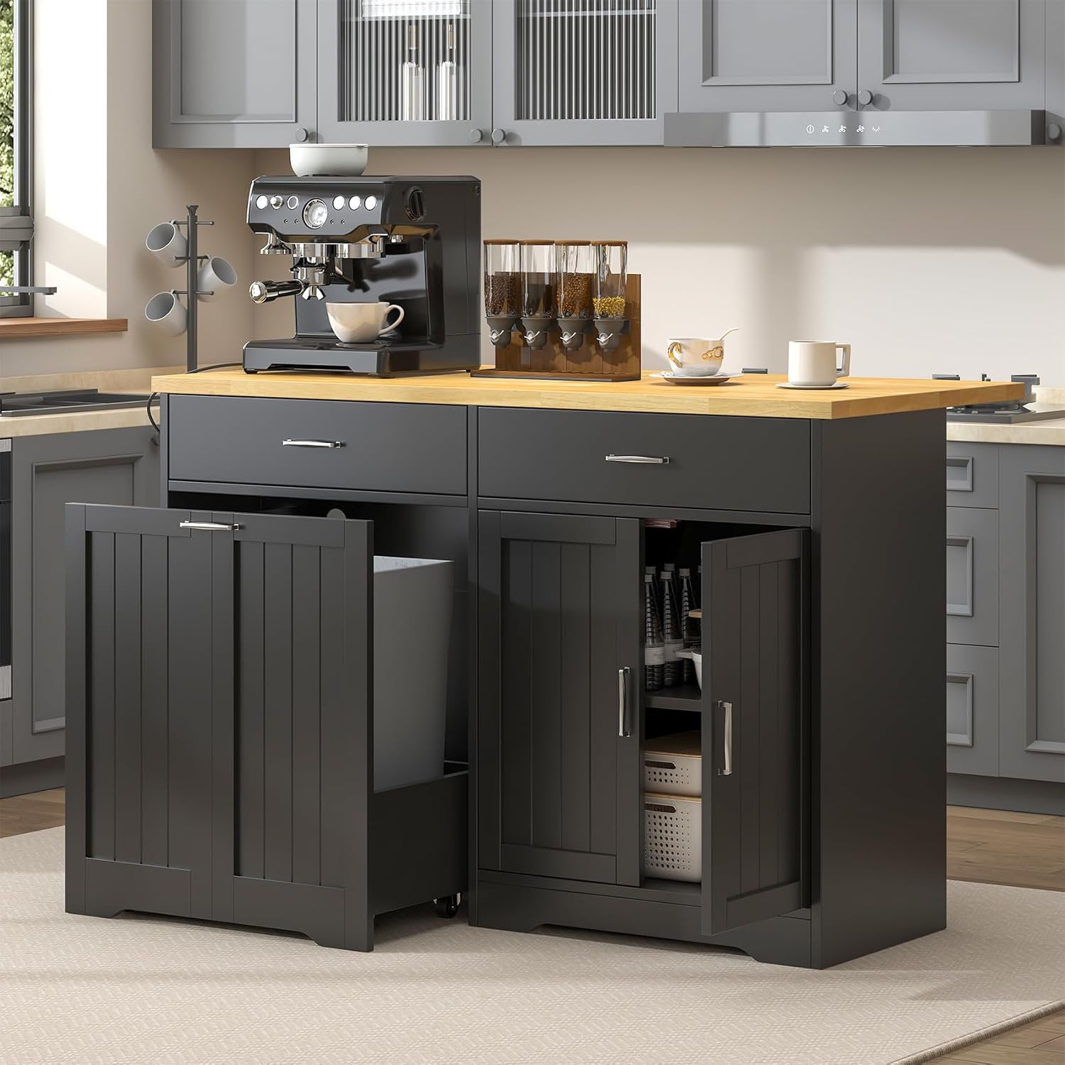 Chef's Haven - 55" Rolling Kitchen Island with Trash Cabinet & Power