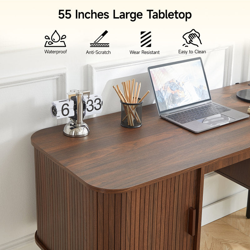 Elara - 55" Mid-Century Executive Desk with Charging Station