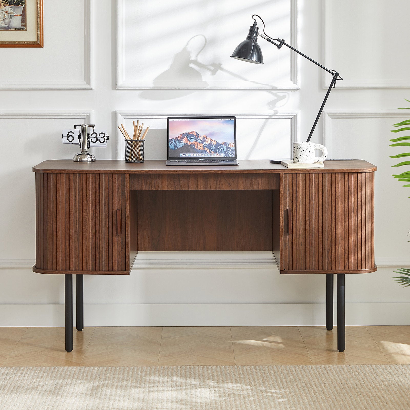 Elara - 55" Mid-Century Executive Desk with Charging Station