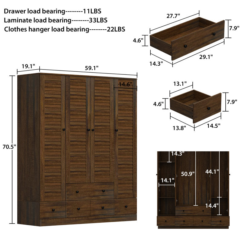 Havenwood - 59" Louvered Armoire Wardrobe with 5 Drawers