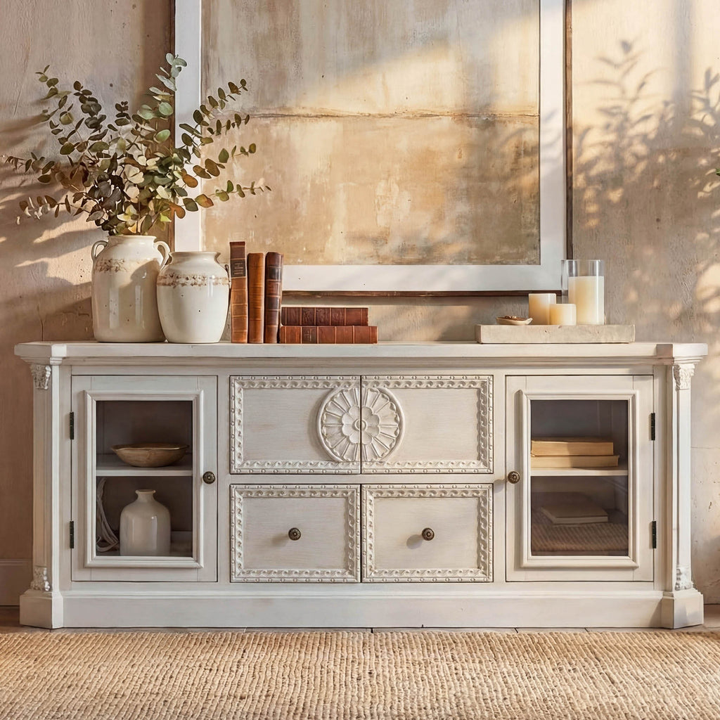 Elara - 60" Solid Ash Wood TV Stand & Carved Media Console
