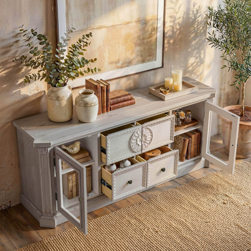 Elara - 60" Solid Ash Wood TV Stand & Carved Media Console