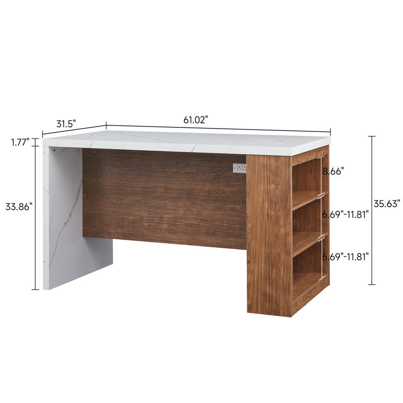 Aurora 61" Kitchen Island - Marble & Walnut Portable Workstation