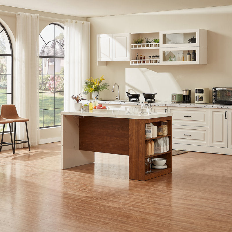 Aurora 61" Kitchen Island - Marble & Walnut Portable Workstation