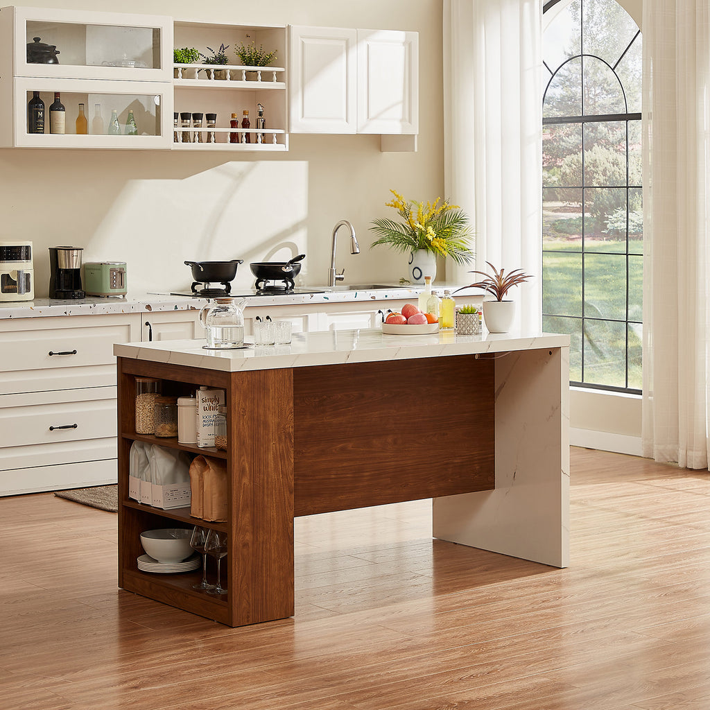 Aurora 61" Kitchen Island - Marble & Walnut Portable Workstation