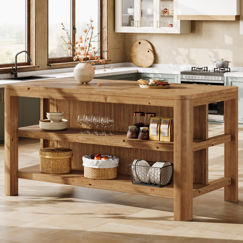 Rustic Haven - 63" Solid Wood Kitchen Island Farmhouse Dining Table