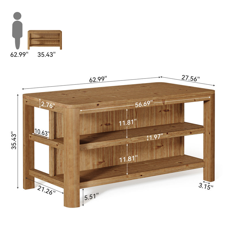 Rustic Haven - 63" Solid Wood Kitchen Island Farmhouse Dining Table