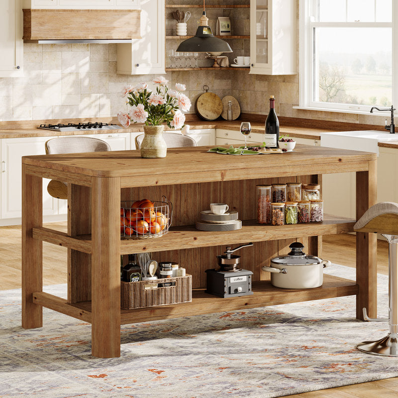 Rustic Haven - 63" Solid Wood Kitchen Island Farmhouse Dining Table