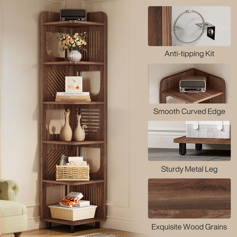 Apex 72" Tall Corner Bookshelf - Industrial 6-Tier Wood Bookcase