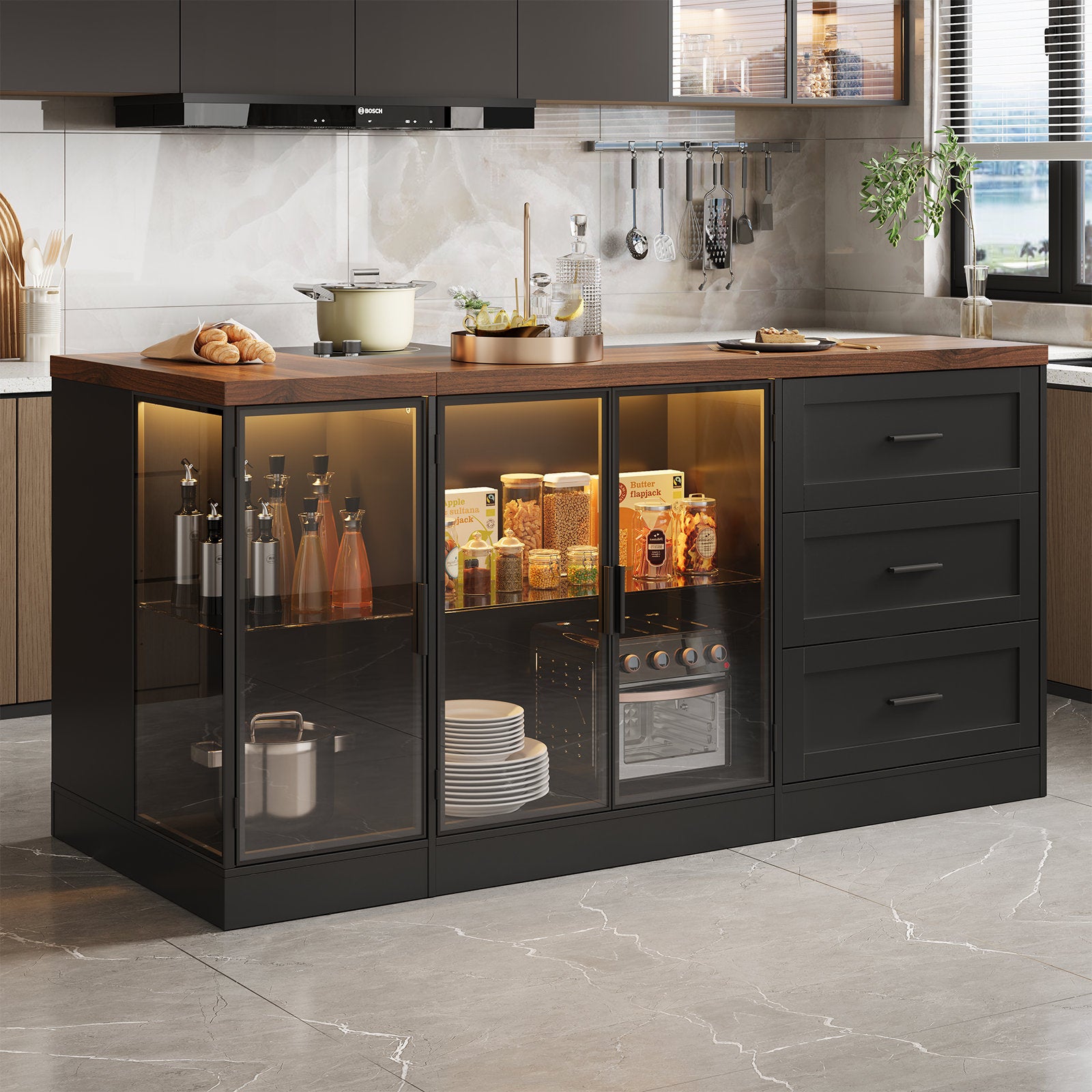 Artisan Loft - 71" Kitchen Island Wood & Glass with Power Outlet