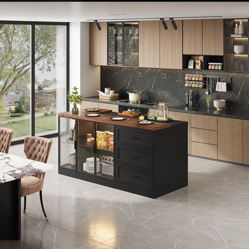Artisan Loft - 71" Kitchen Island Wood & Glass with Power Outlet