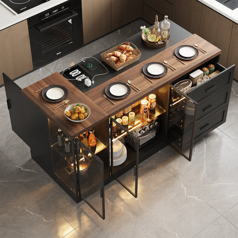 Artisan Loft - 71" Kitchen Island Wood & Glass with Power Outlet