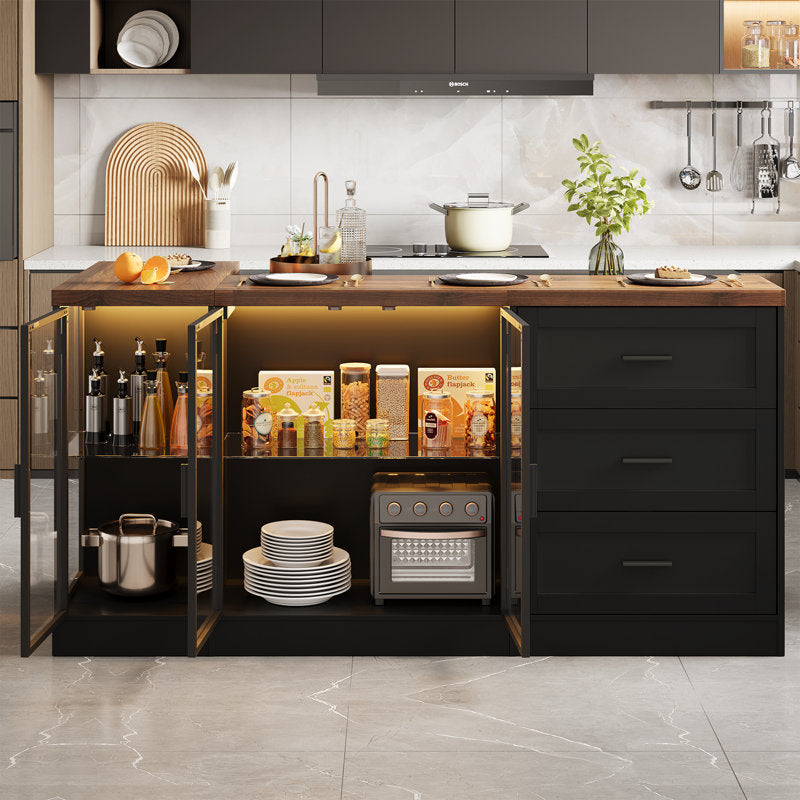 Artisan Loft - 71" Kitchen Island Wood & Glass with Power Outlet