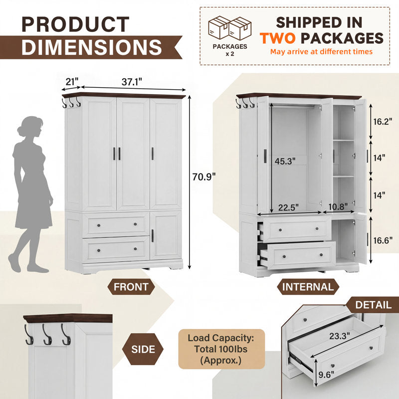 Aurelius - 71" 3-Door Wardrobe Armoire Modern Bedroom Storage Closet