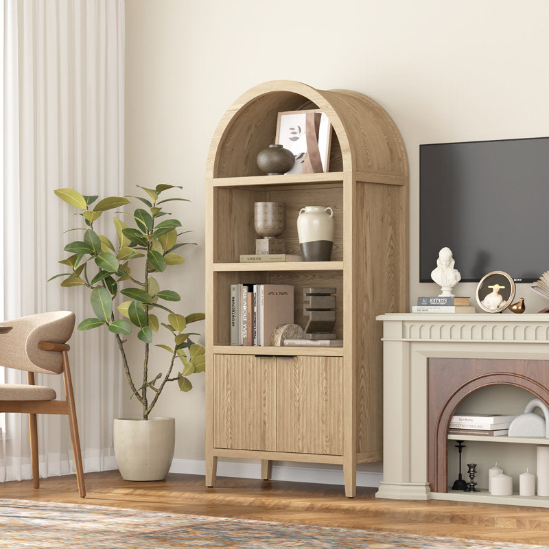 Elara Arched Bookcase - 71" Tall Fluted Wood Cabinet for Living Room