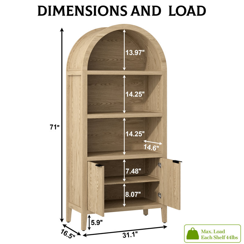 Elara Arched Bookcase - 71" Tall Fluted Wood Cabinet for Living Room