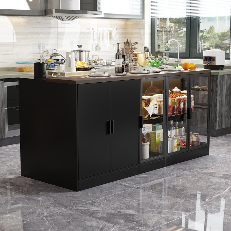Lumina Grand - 77" Kitchen Island with LED Glass Cabinets & Seating