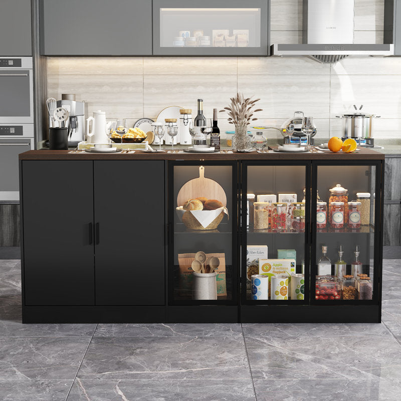 Lumina Grand - 77" Kitchen Island with LED Glass Cabinets & Seating