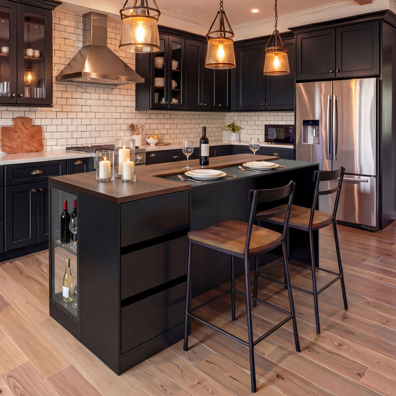 Lumina Grand - 77" Kitchen Island with LED Glass Cabinets & Seating