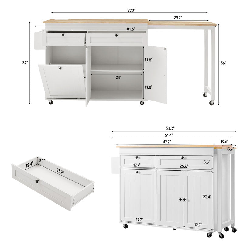 Haven 81.6" Kitchen Island - Extendable Wood Table with Power Outlets