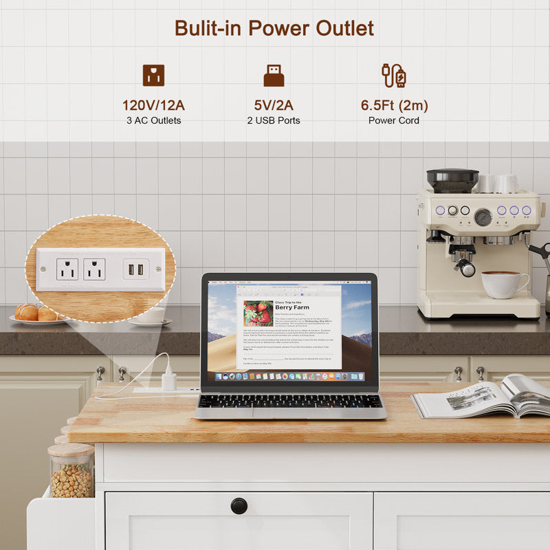 Haven 81.6" Kitchen Island - Extendable Wood Table with Power Outlets
