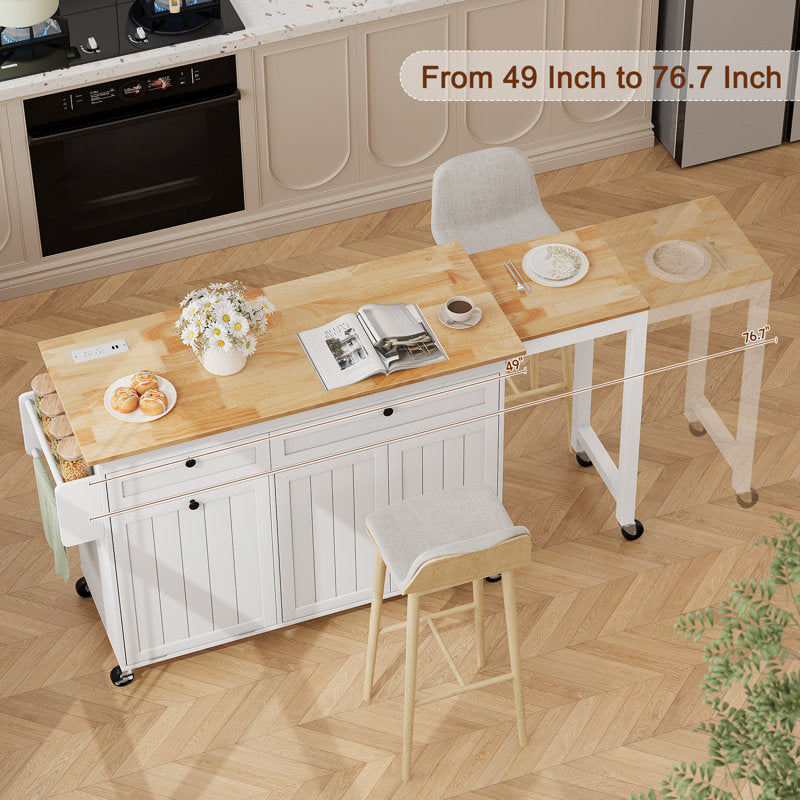 Haven 81.6" Kitchen Island - Extendable Wood Table with Power Outlets