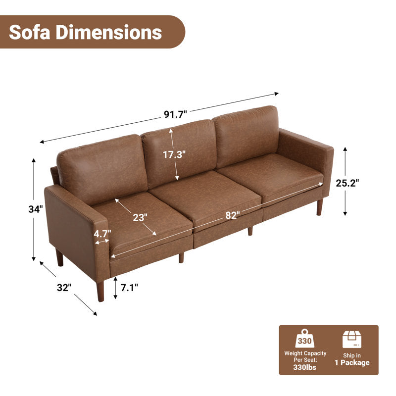 Arlo 92" Square Arm Sofa - Faux Leather & Chenille 3-Seater Couch
