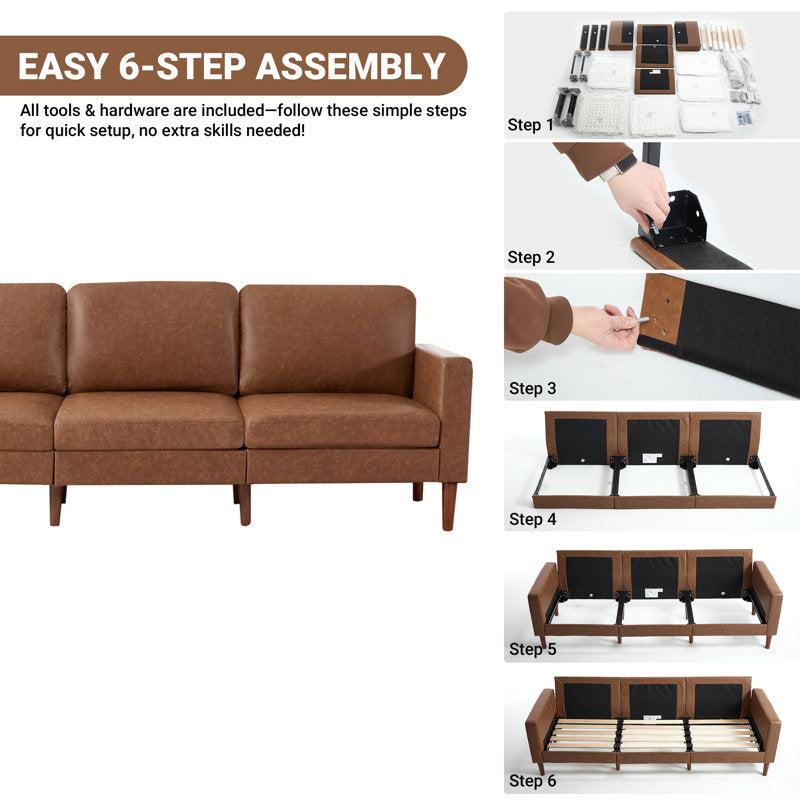 Arlo 92" Square Arm Sofa - Faux Leather & Chenille 3-Seater Couch