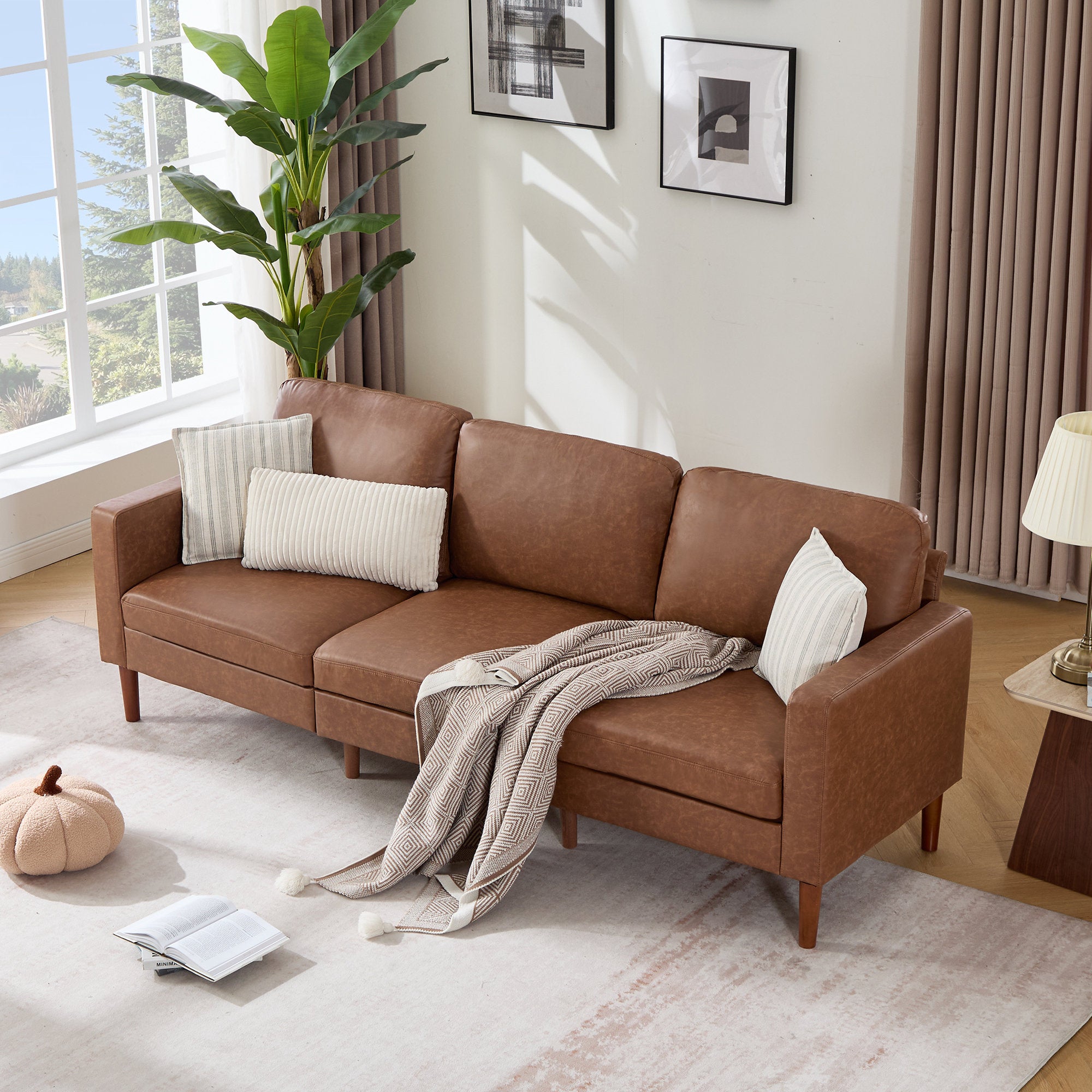 Arlo 92" Square Arm Sofa - Faux Leather & Chenille 3-Seater Couch