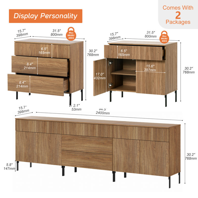 Elara 94.5" Reeded Sideboard - Modern Walnut Credenza for Dining Room