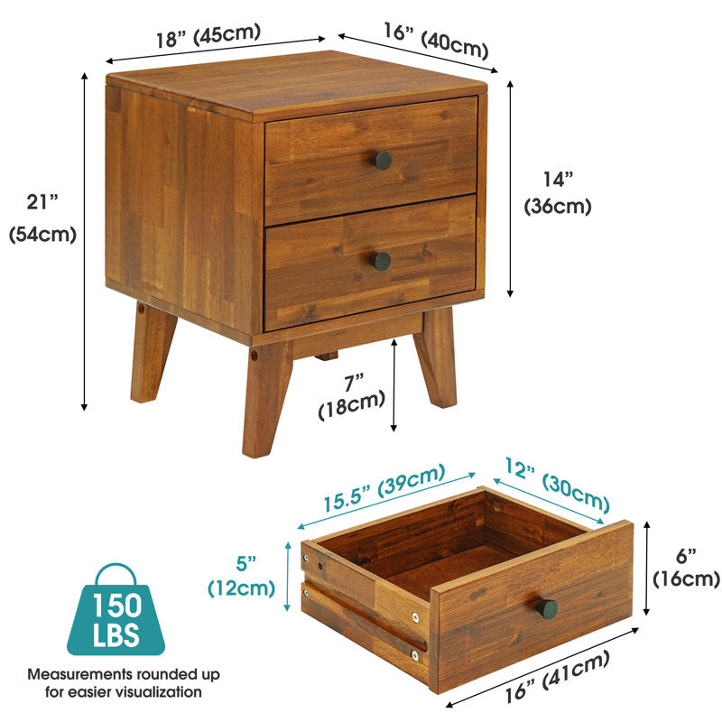 Silvia - 2-Drawer Solid Wood Nightstand Scandinavian Acacia Bedside Table