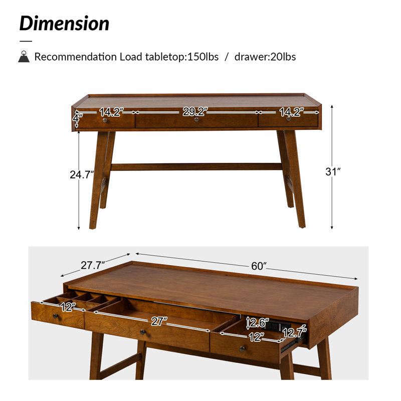 Adakras - 60" Mid-Century Modern Solid Wood Desk with Outlets