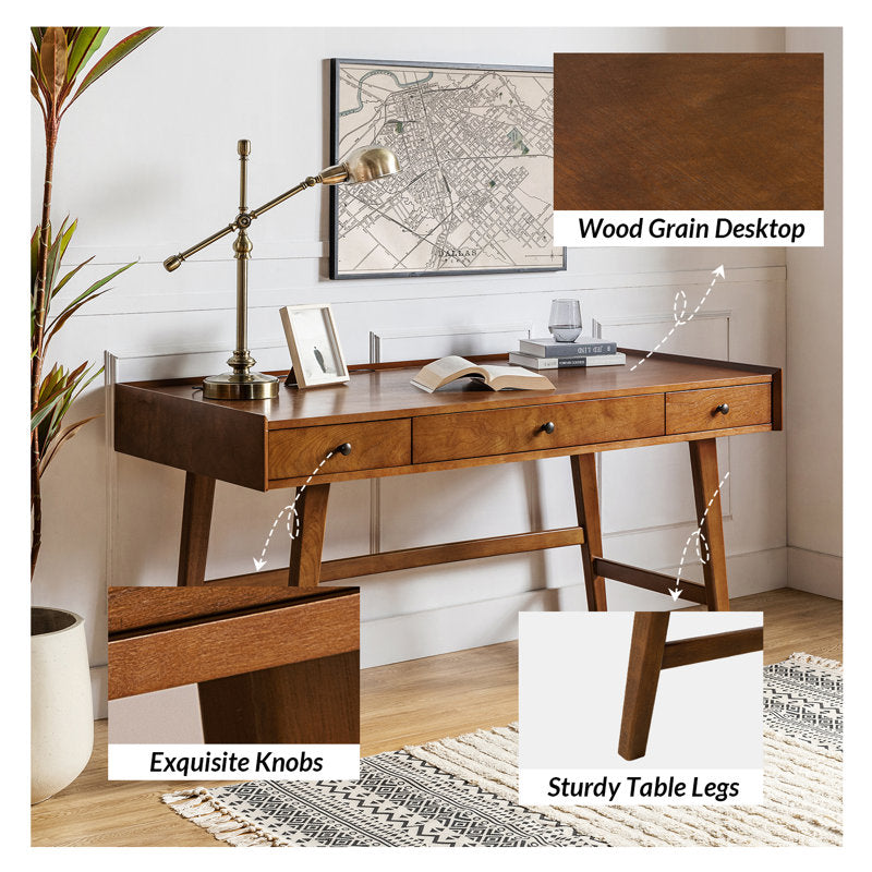Adakras - 60" Mid-Century Modern Solid Wood Desk with Outlets