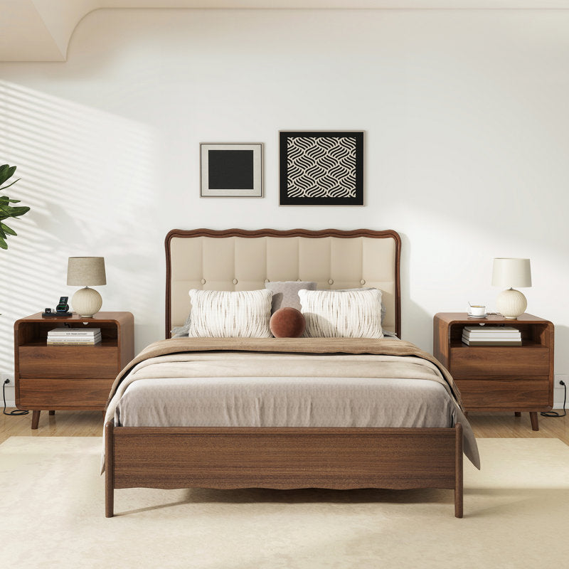 Angela - Walnut Mid-Century Nightstand with 2 Drawers & Shelf