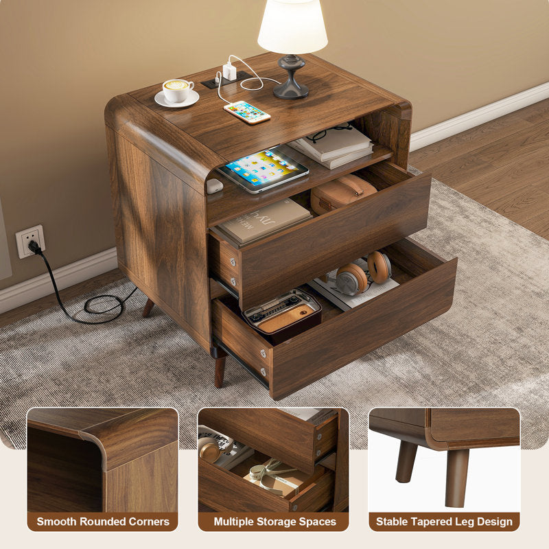 Angela - Walnut Mid-Century Nightstand with 2 Drawers & Shelf
